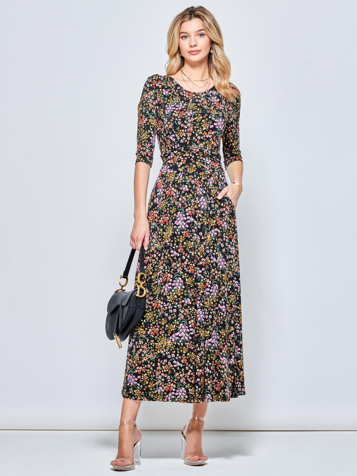 Round Neck Sleeved Jersey Maxi Dress, Black Ditsy