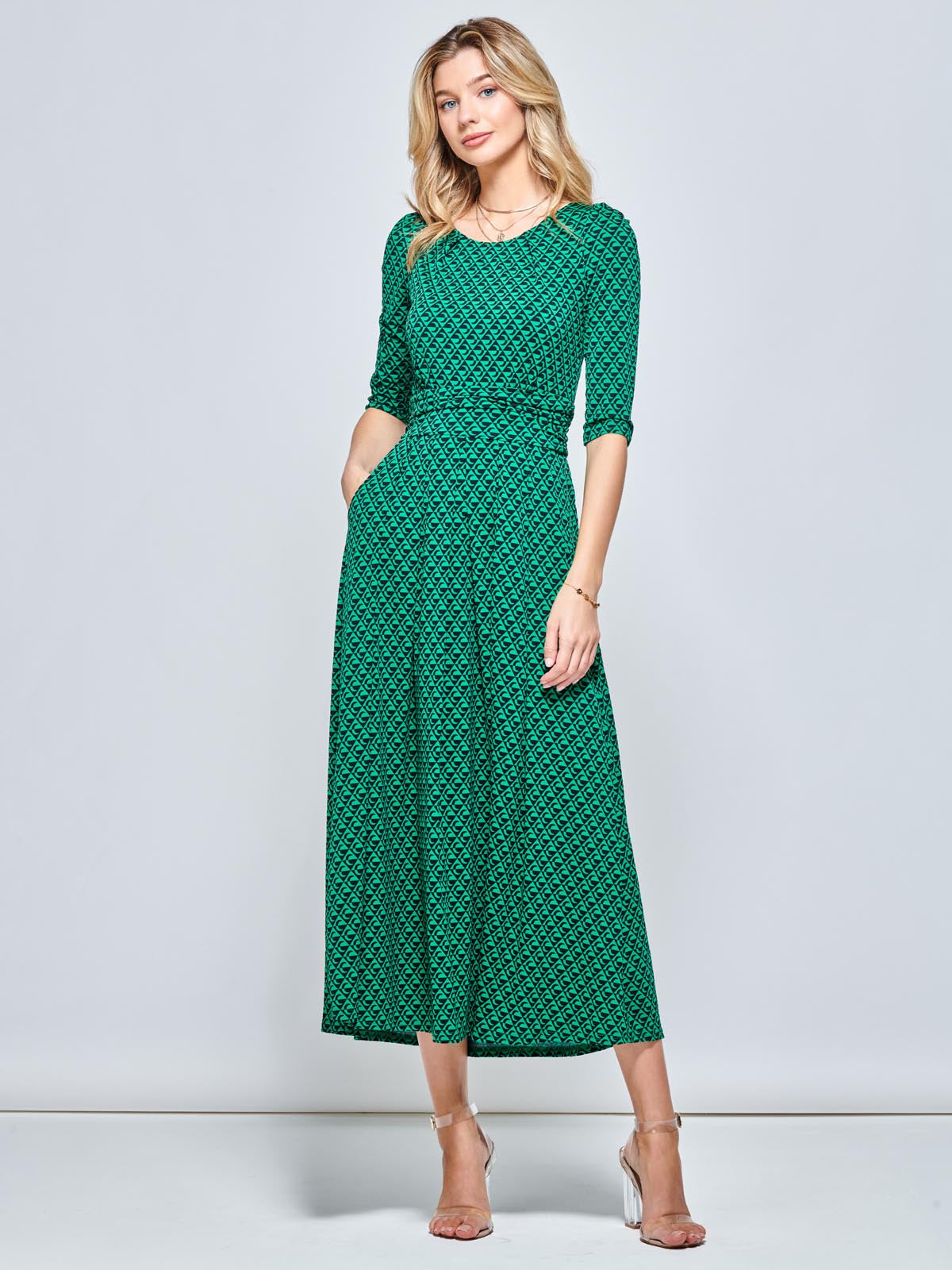 Round Neck Sleeved Jersey Maxi Dress, Green Geometric