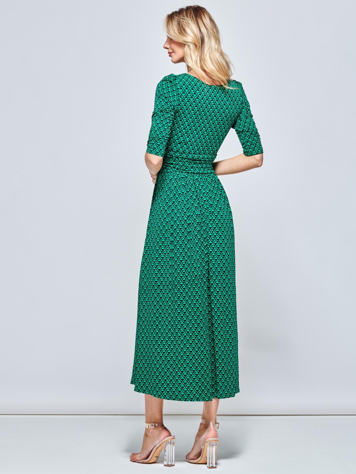 Round Neck Sleeved Jersey Maxi Dress, Green Geometric