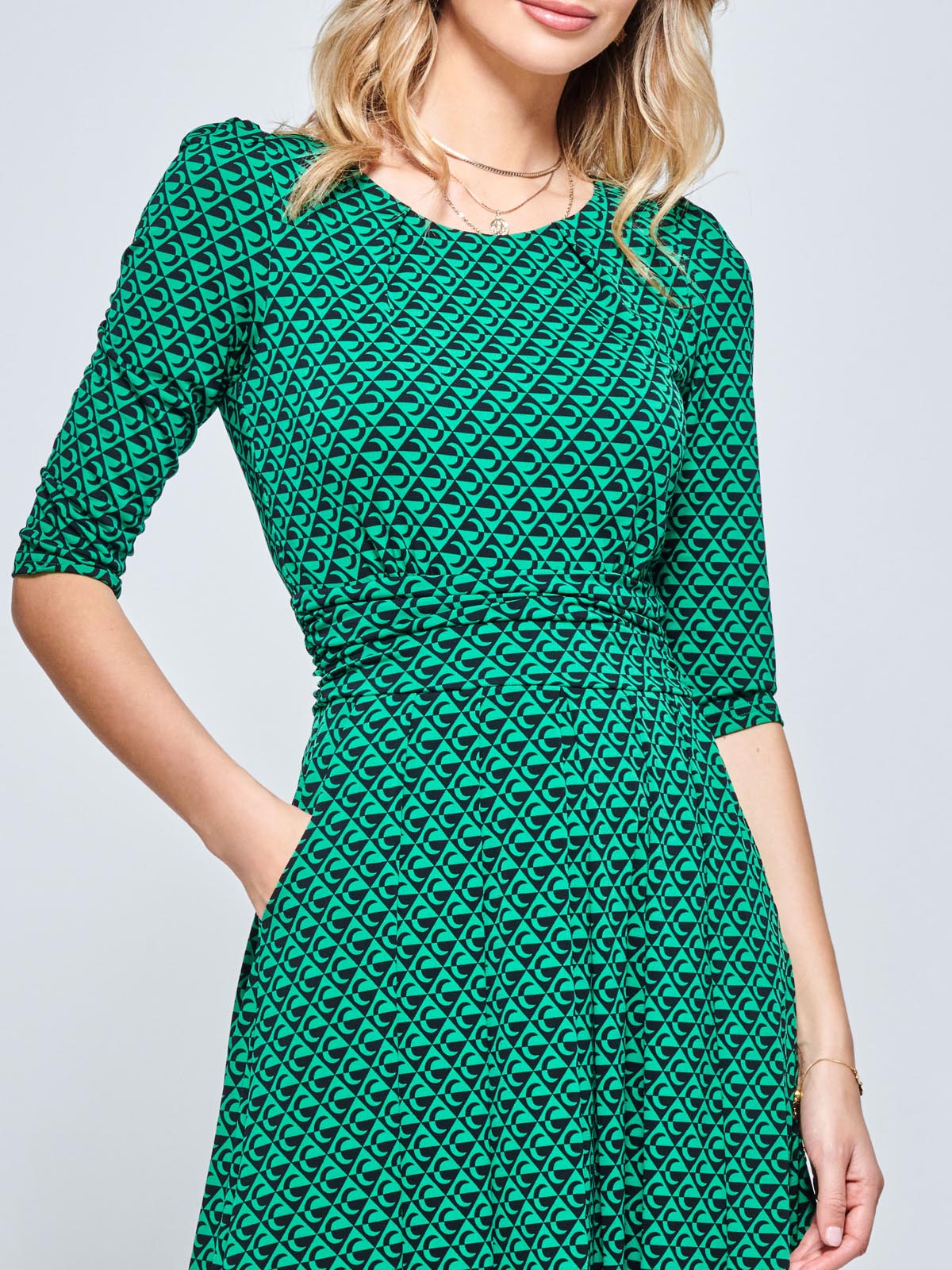 Round Neck Sleeved Jersey Maxi Dress, Green Geometric