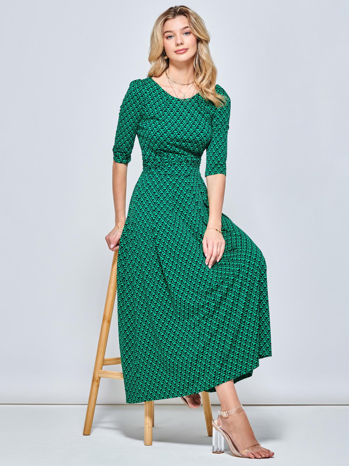 Round Neck Sleeved Jersey Maxi Dress, Green Geometric