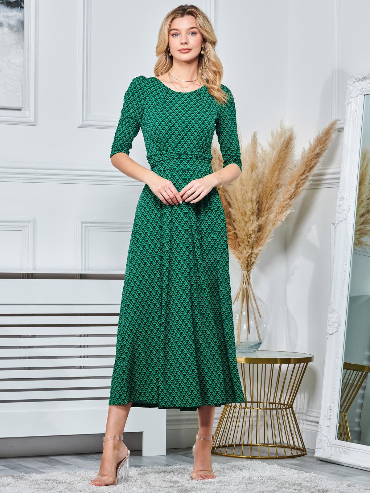 Round Neck Sleeved Jersey Maxi Dress, Green Geometric