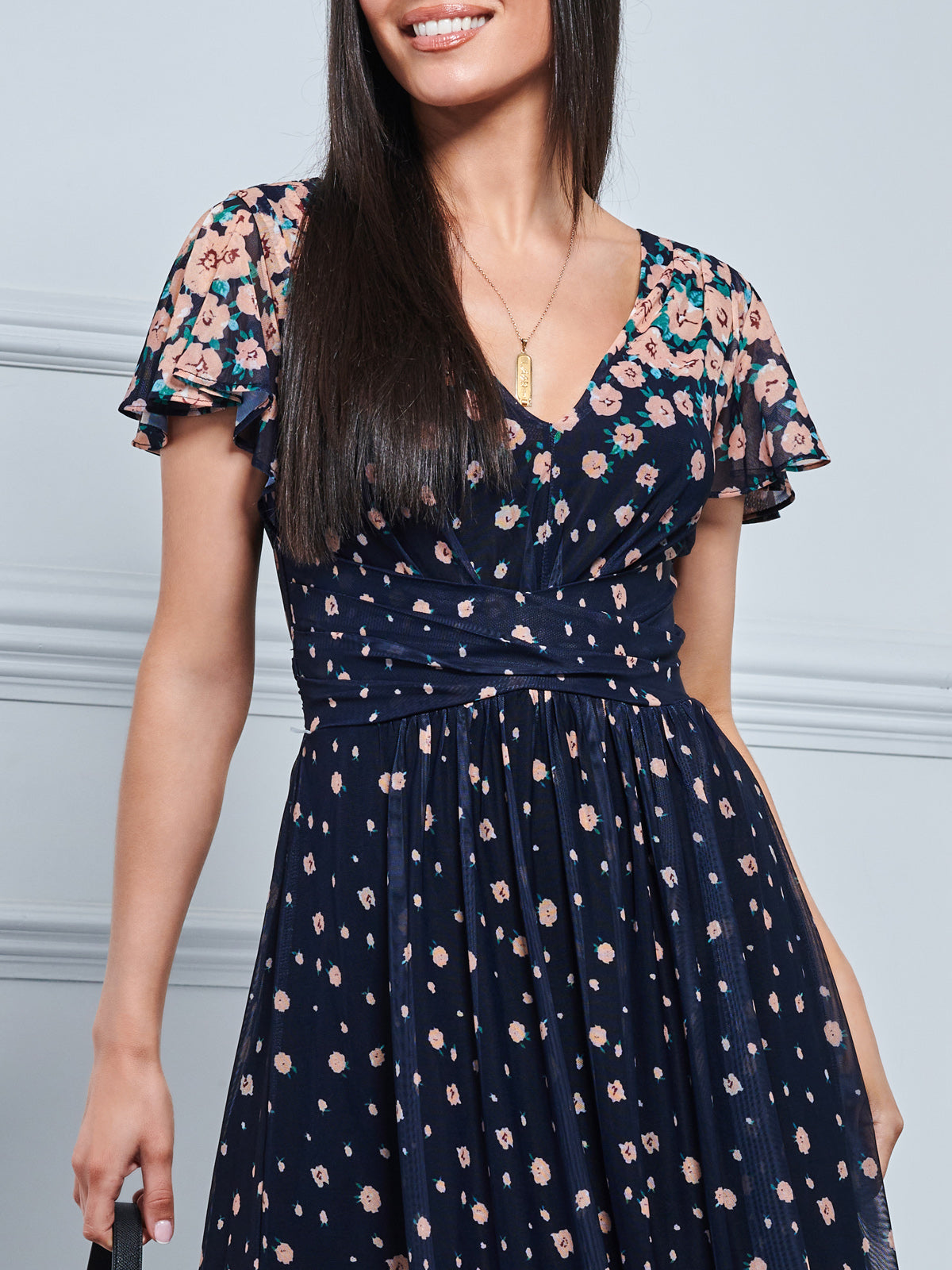 Mably Mirror Print Maxi Mesh Dress, Navy Floral