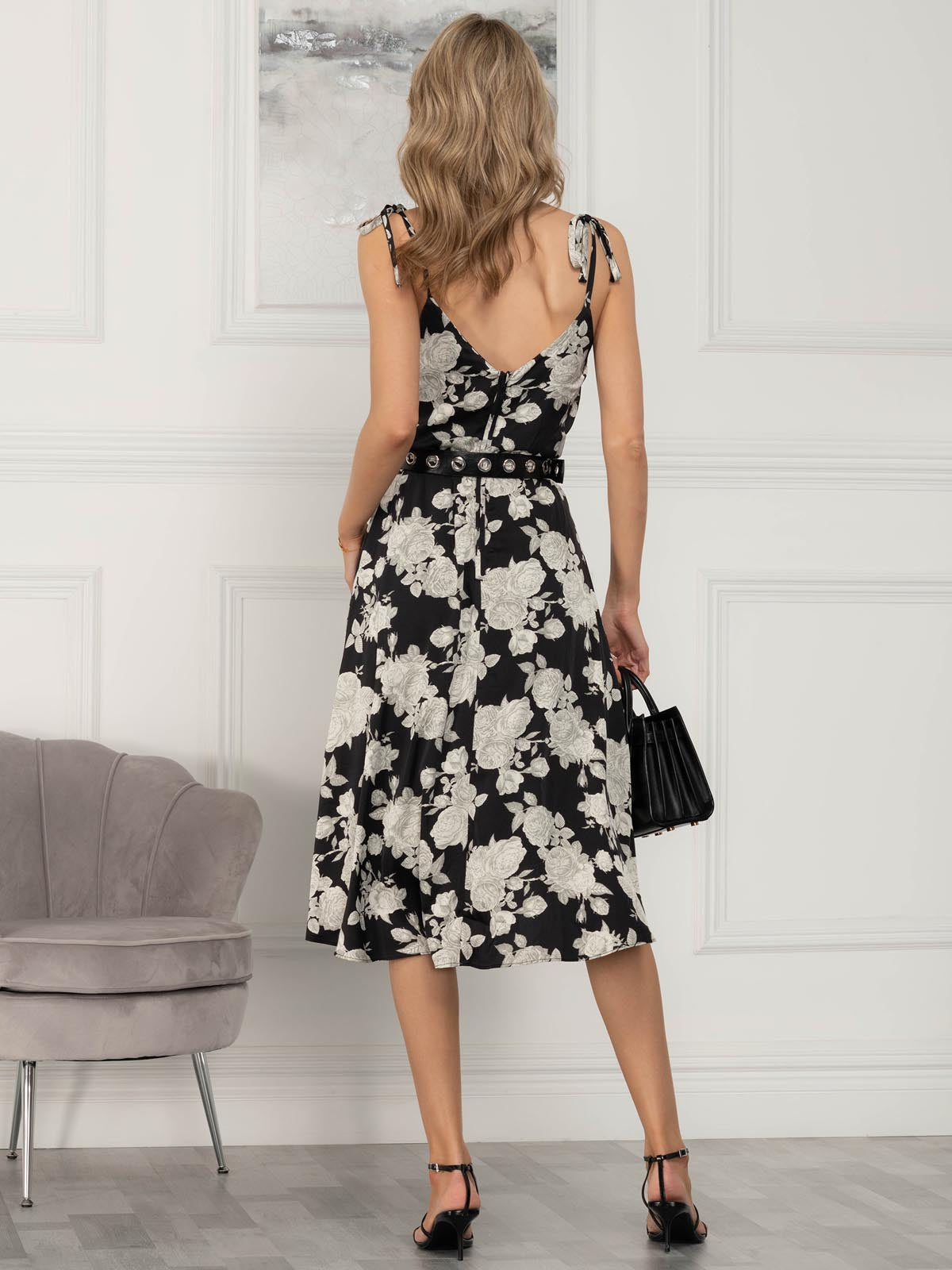 Spaghetti Strap Satin Maxi Dress, Black Floral