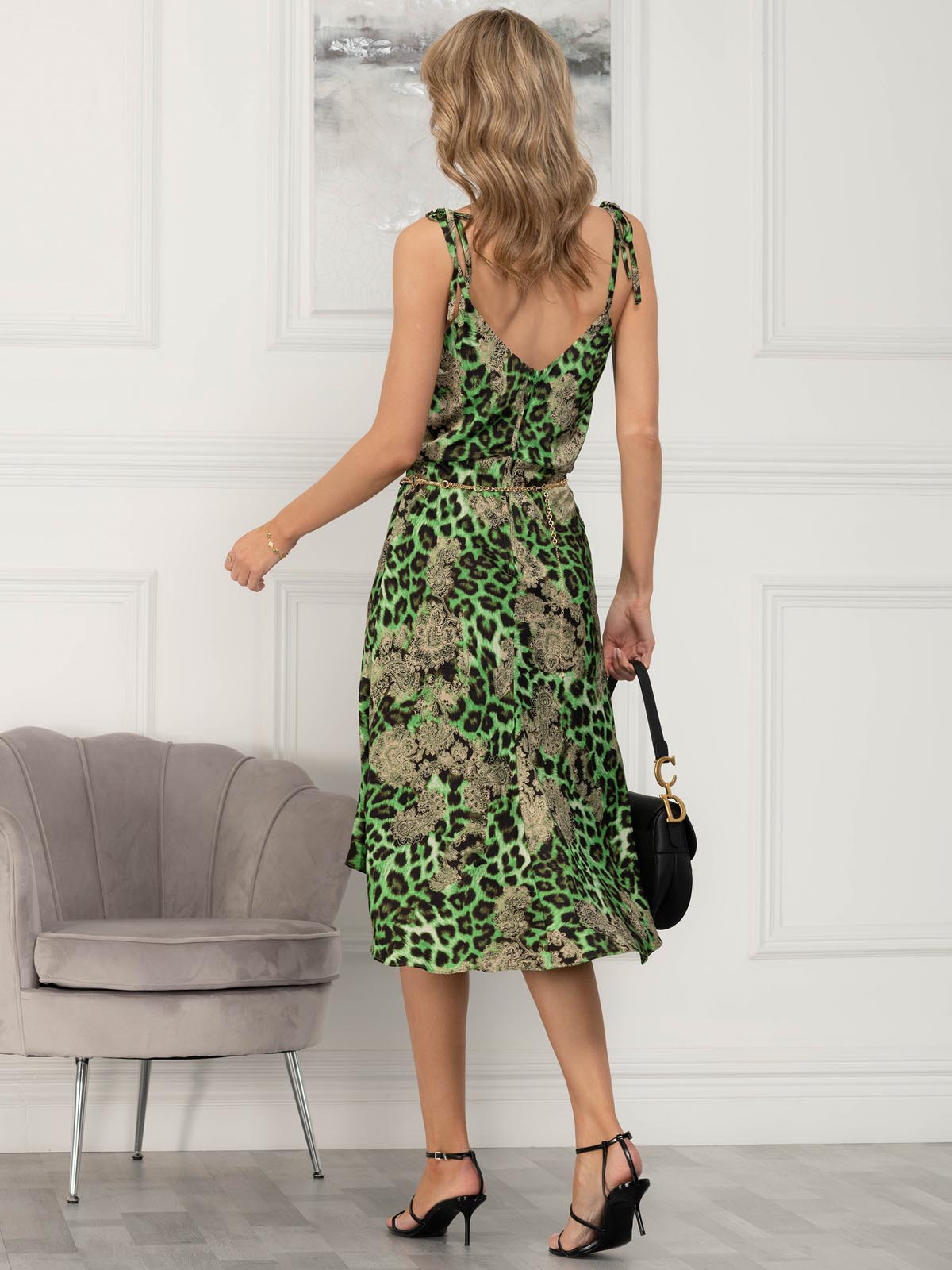 Clarissa Satin Draped Cowl Neck Dress, Green Animal