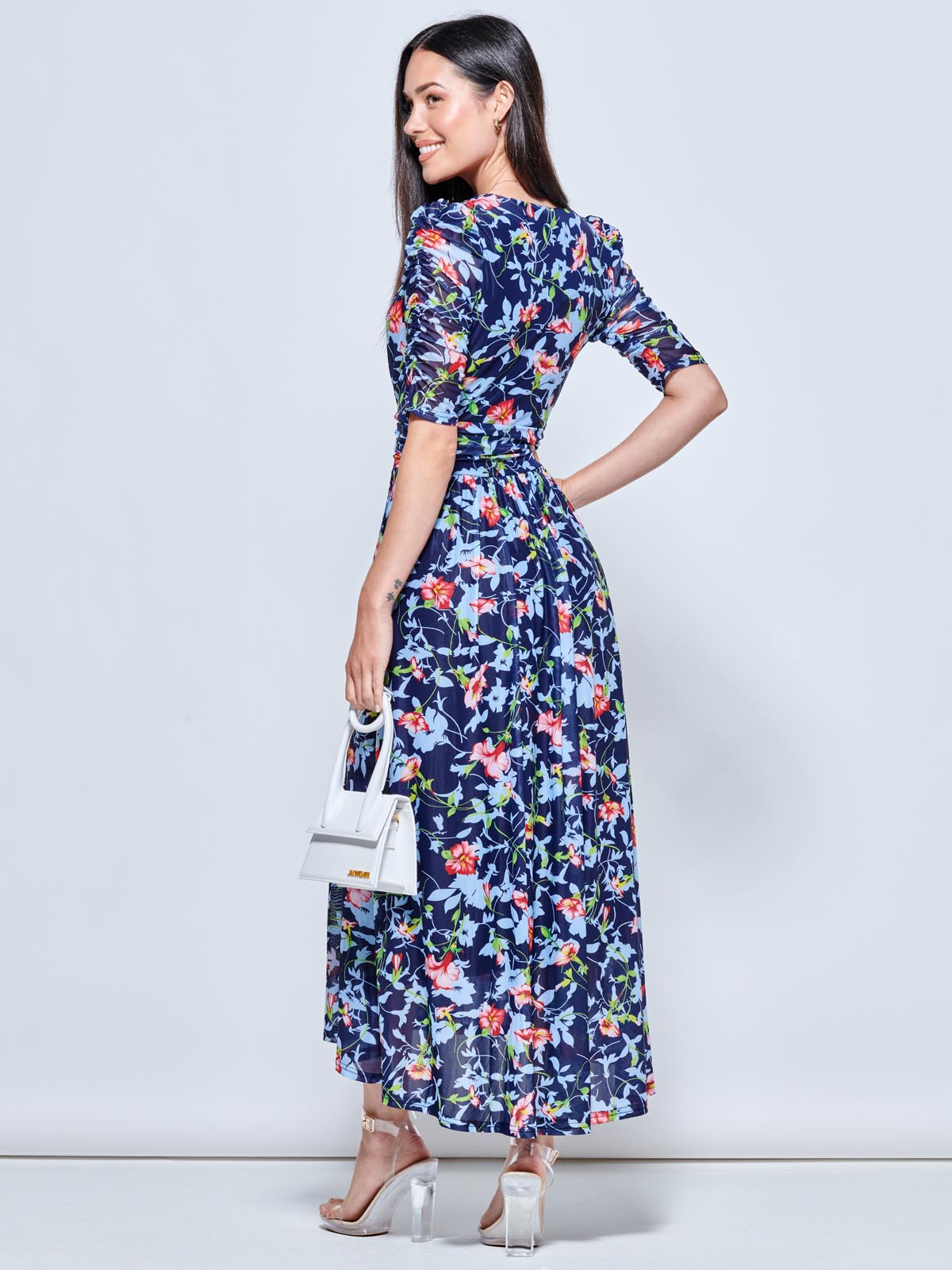 Gavina Ruched Sleeve Mesh Maxi Dress, Navy Floral