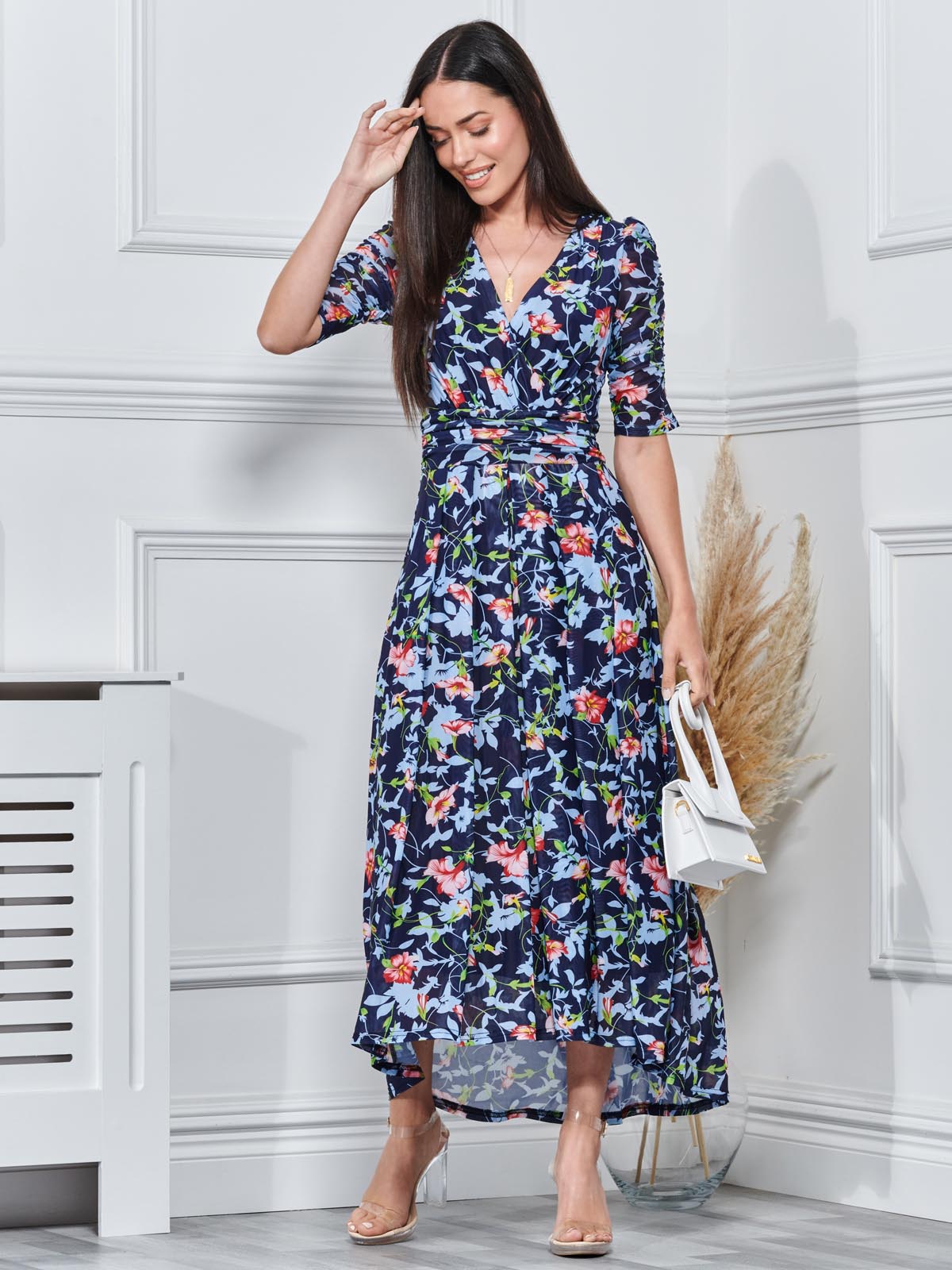 Gavina Ruched Sleeve Mesh Maxi Dress, Navy Floral