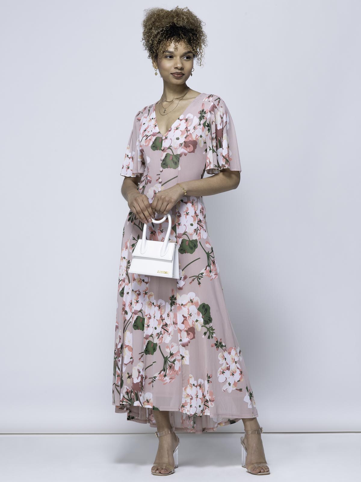 Mabilla Floral Print Mesh Maxi Dress, Dusty Pink