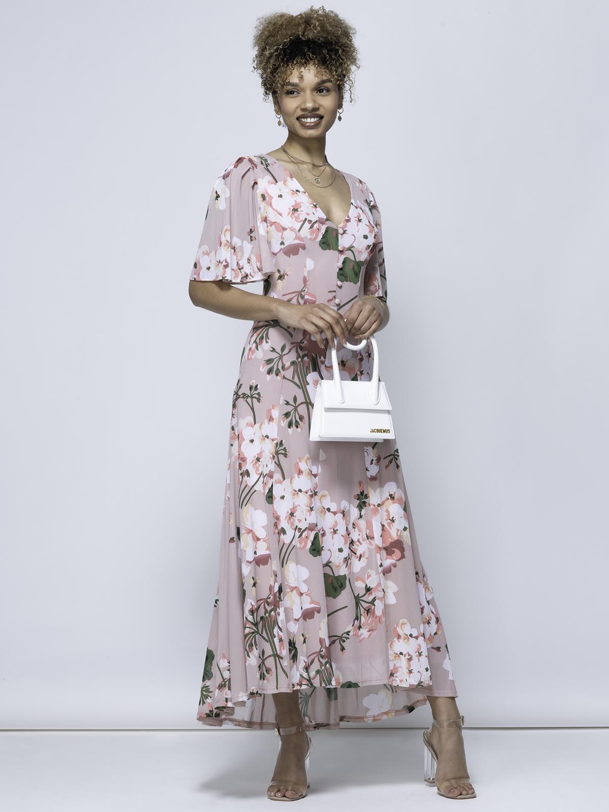 Mabilla Floral Print Mesh Maxi Dress, Dusty Pink