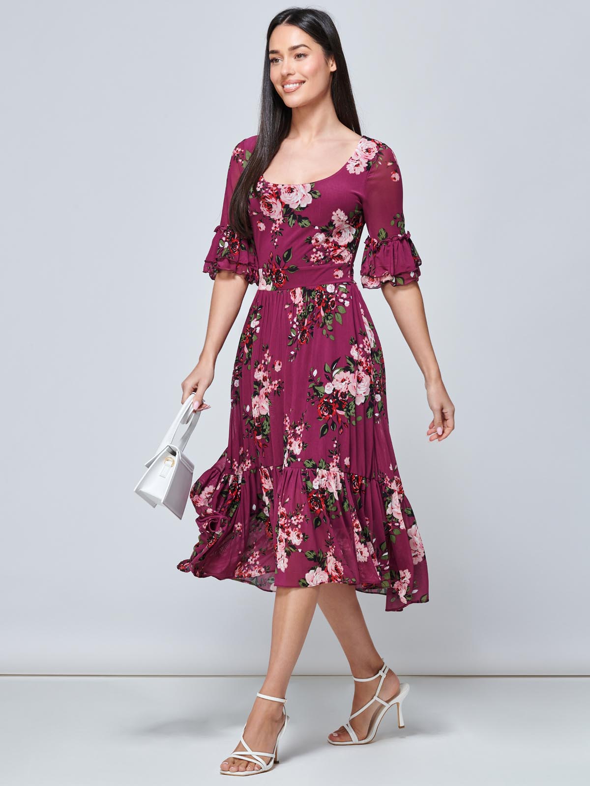 Maab Mesh Ruffle Sleeve Midi Dress, Dusty Purple