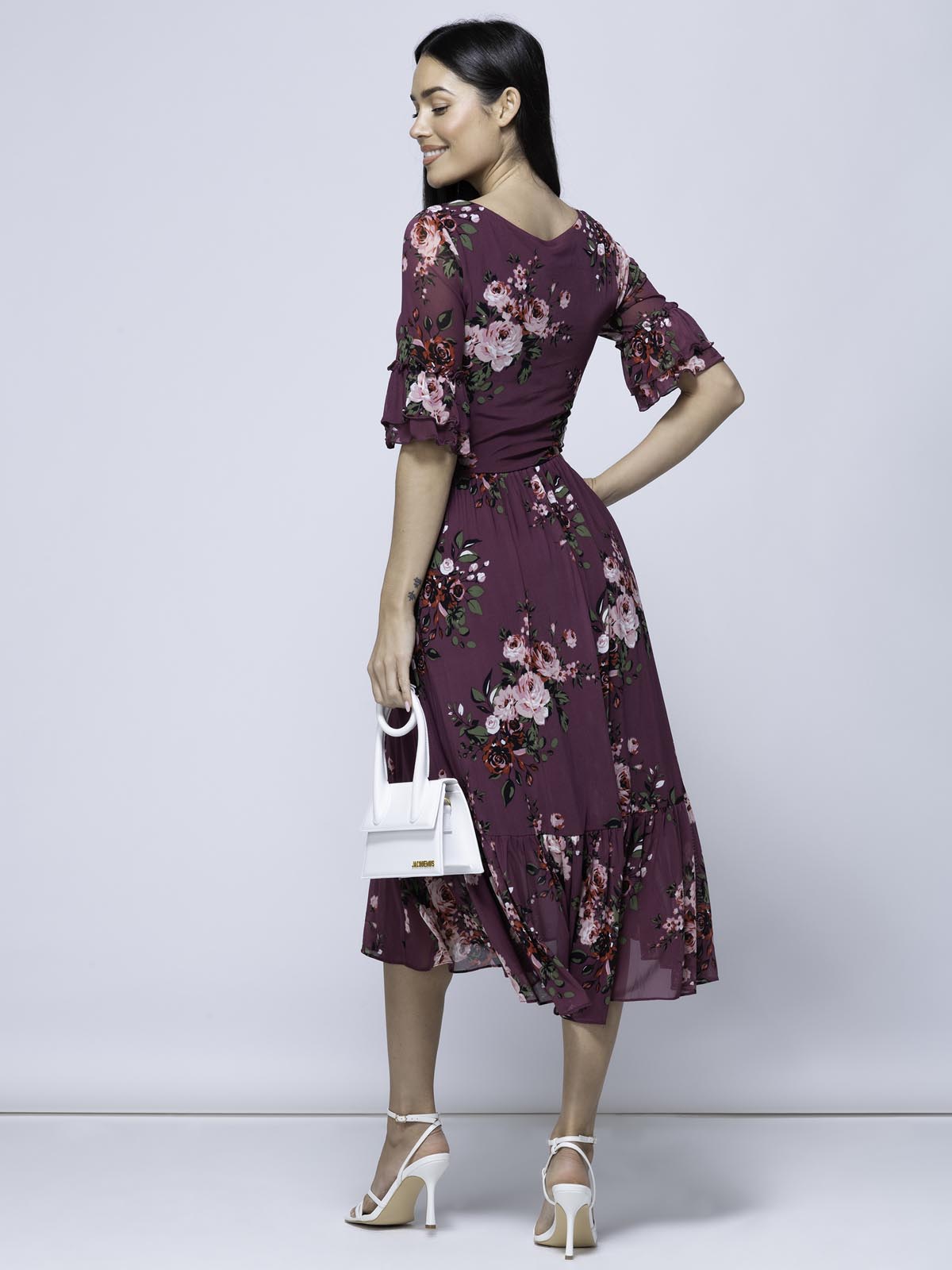 Maab Mesh Ruffle Sleeve Midi Dress, Dusty Purple