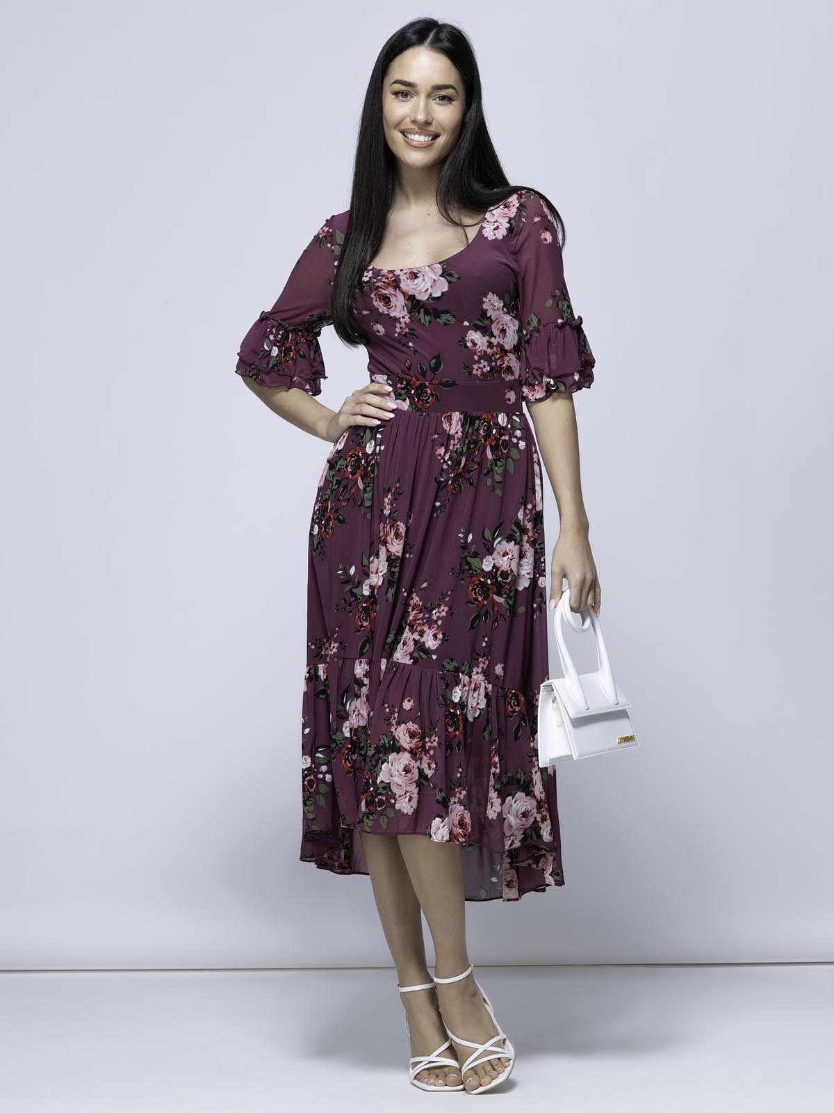 Maab Mesh Ruffle Sleeve Midi Dress, Dusty Purple