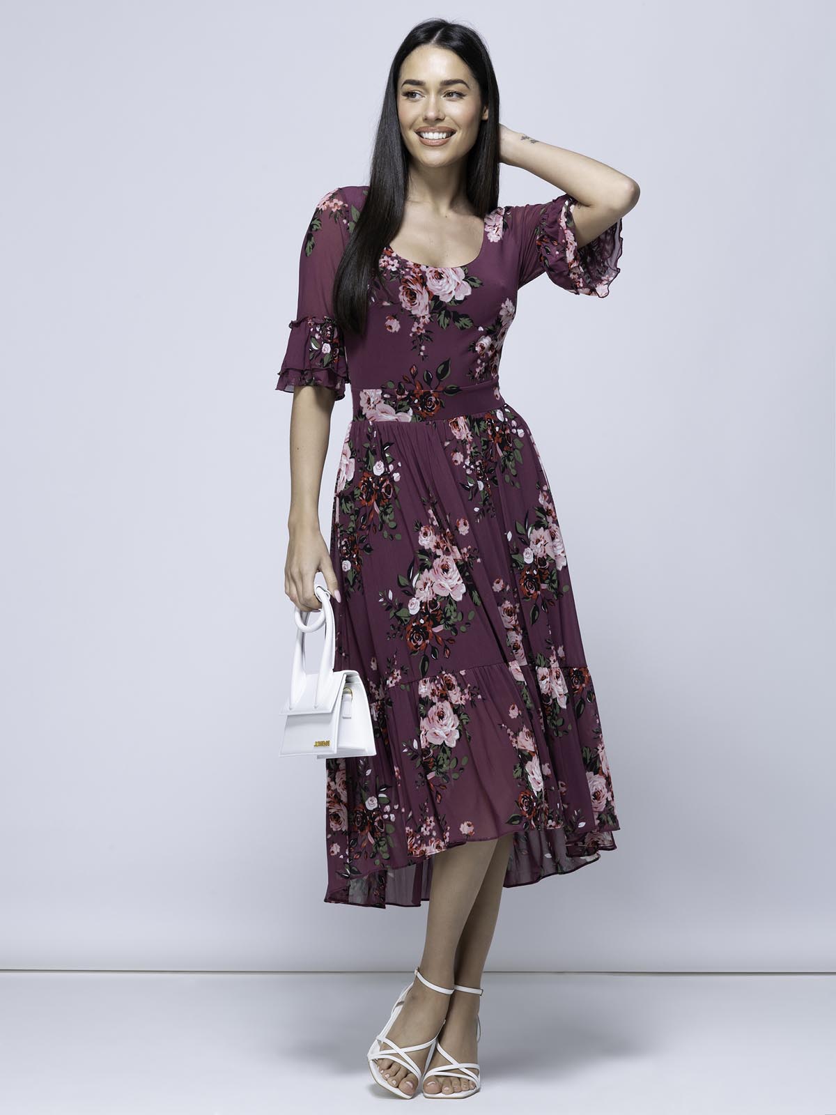 Maab Mesh Ruffle Sleeve Midi Dress, Dusty Purple