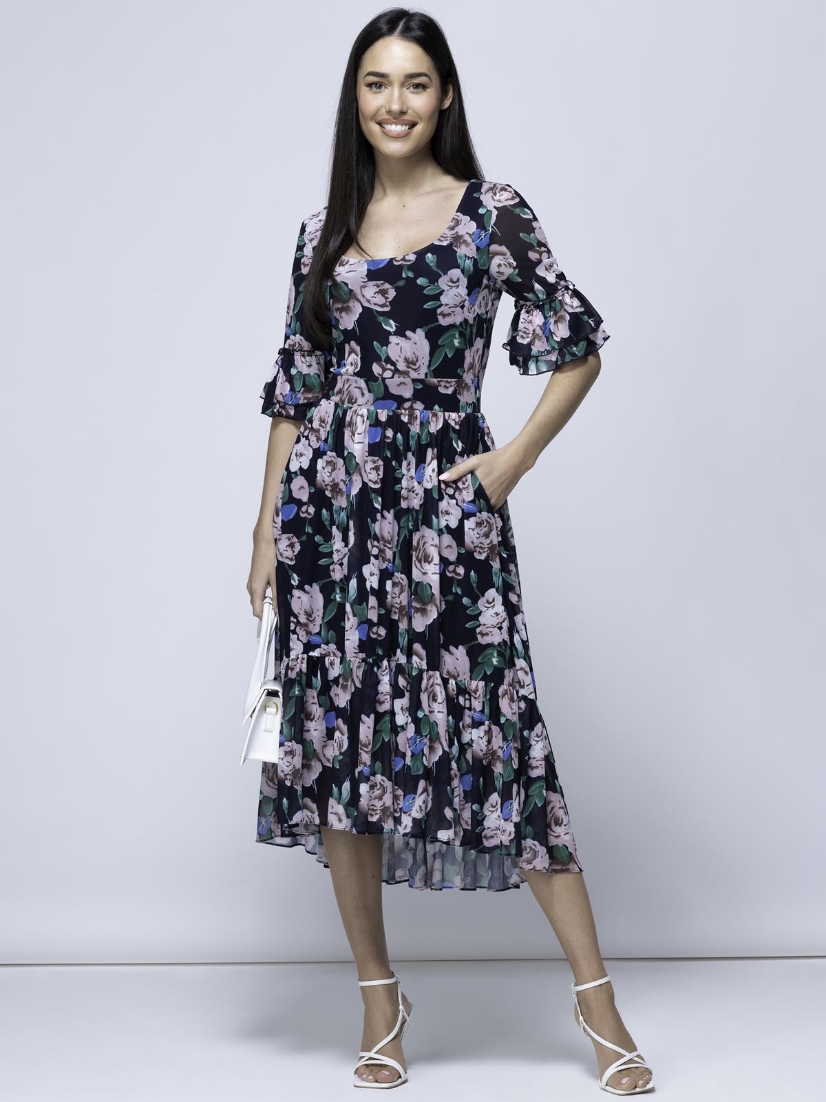 Maab Mesh Ruffle Sleeve Midi Dress, Navy Floral