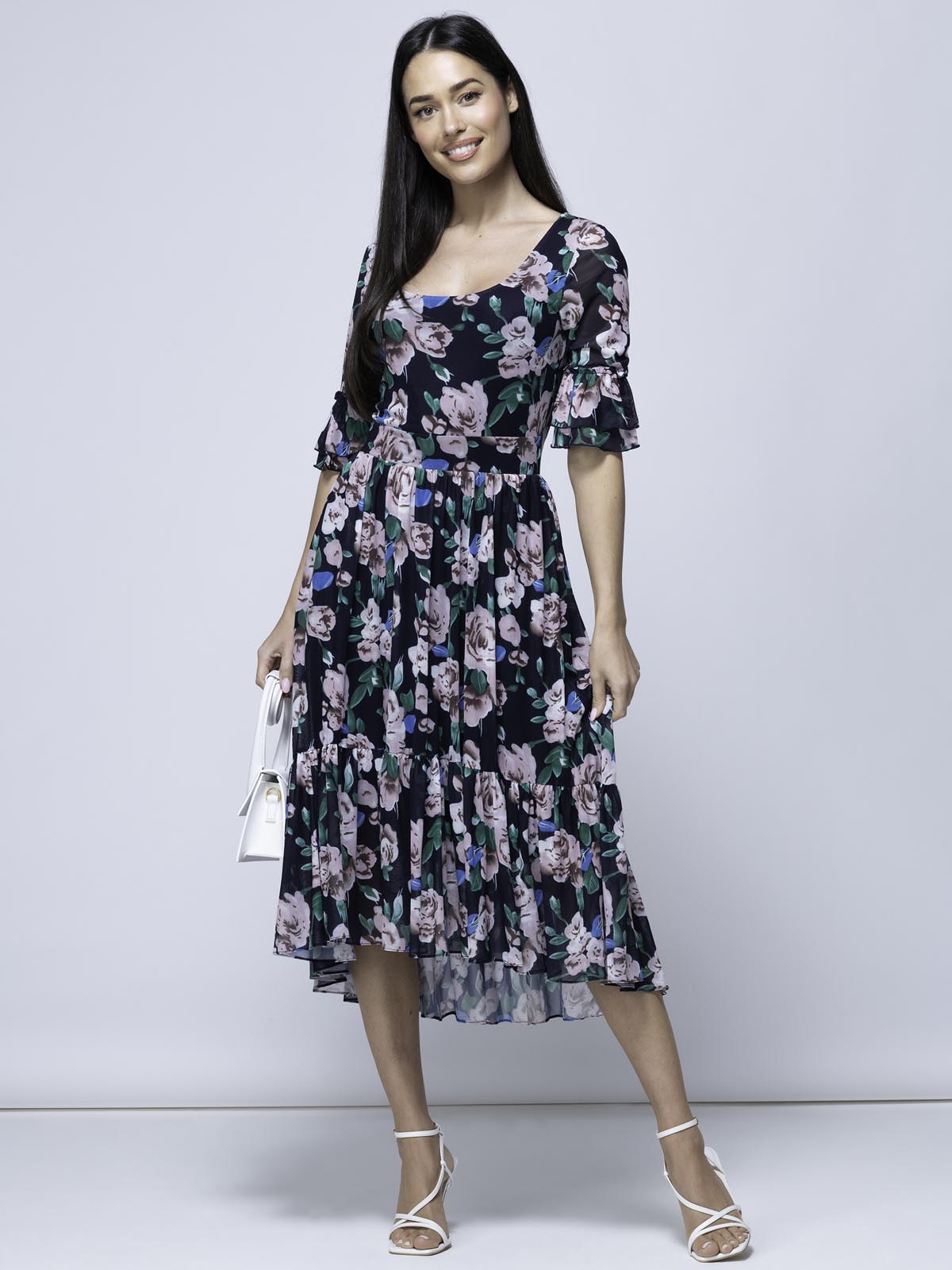 Maab Mesh Ruffle Sleeve Midi Dress, Navy Floral