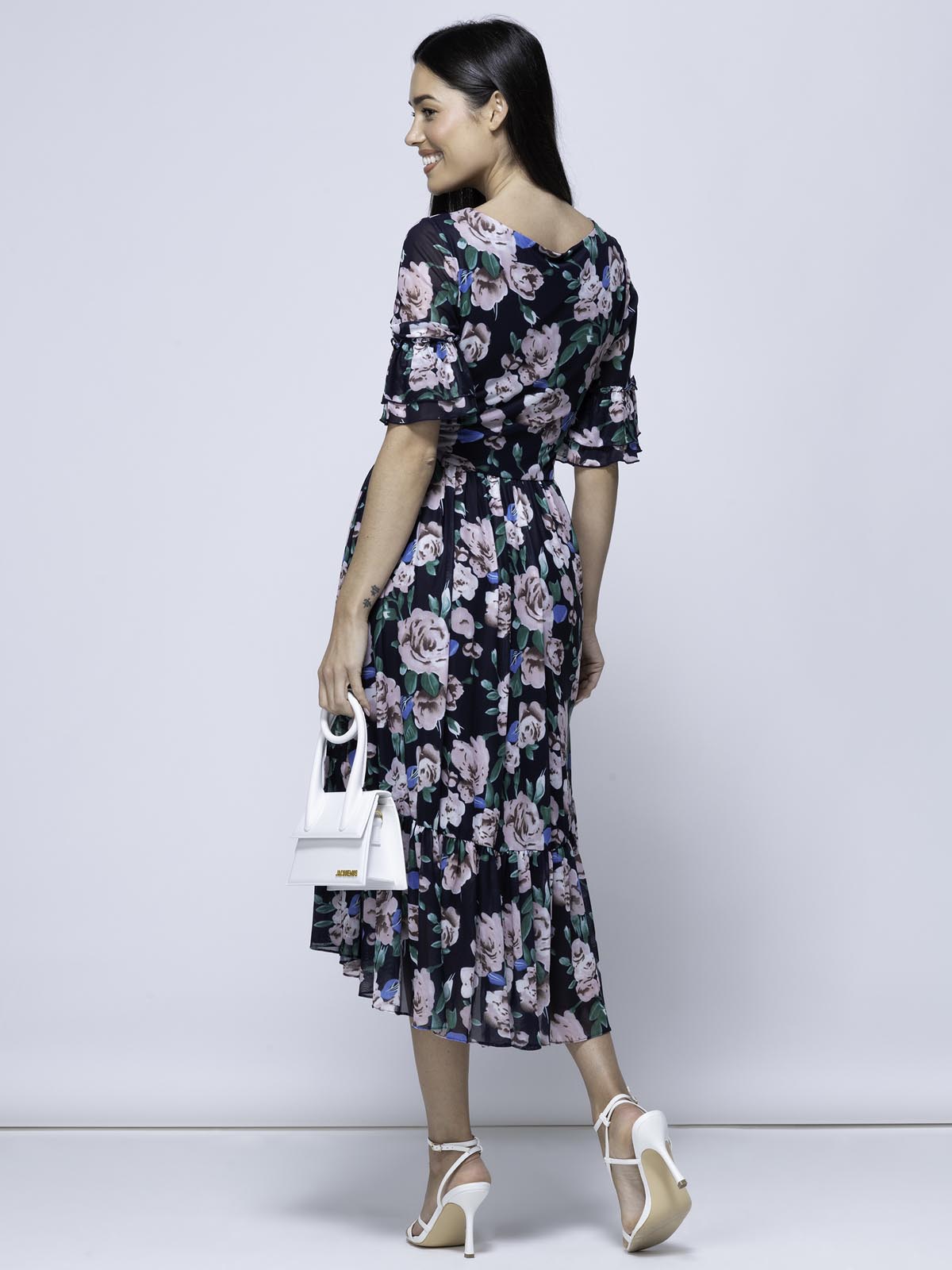 Maab Mesh Ruffle Sleeve Midi Dress, Navy Floral