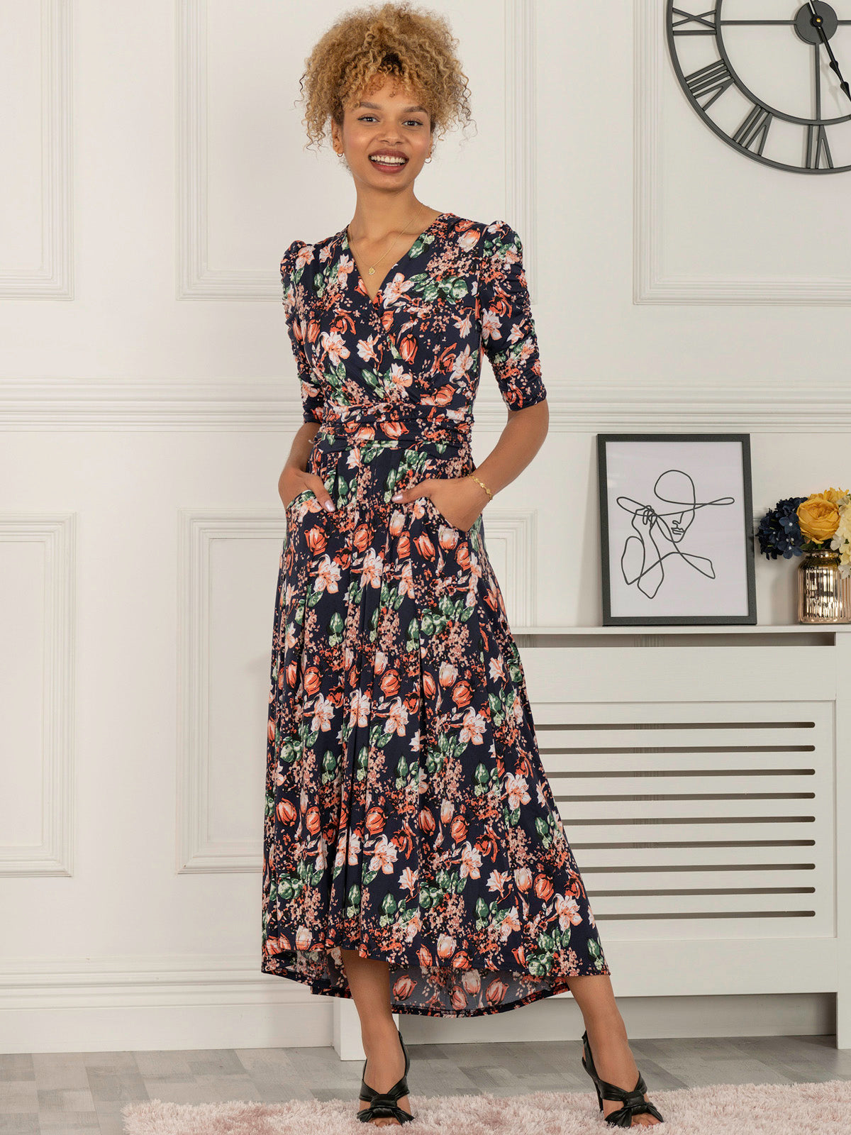 Maanasi Ruched Sleeve Jersey Maxi Dress, Navy Floral