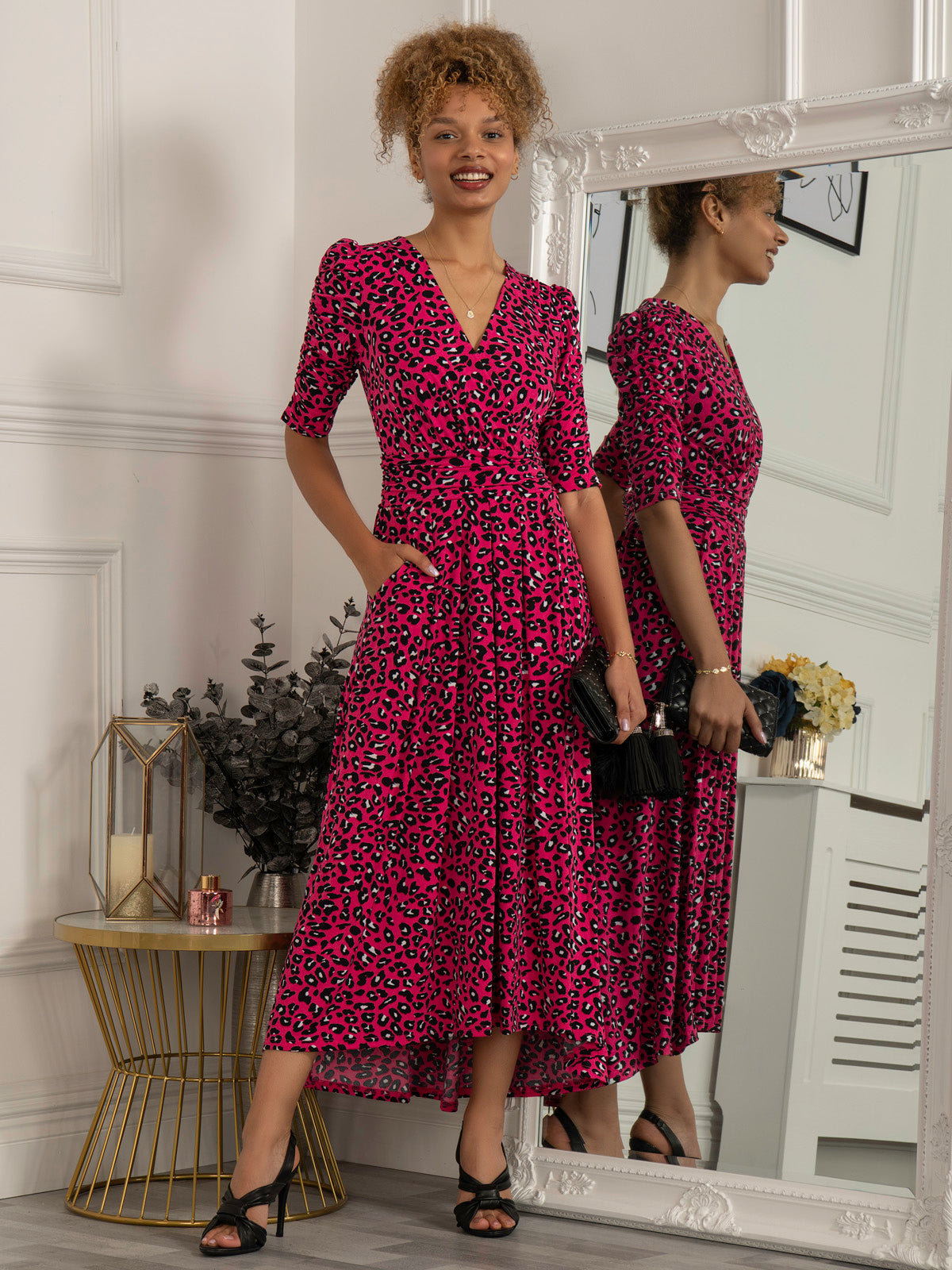 Maanasi Ruched Sleeve Jersey Maxi Dress, Pink Animal