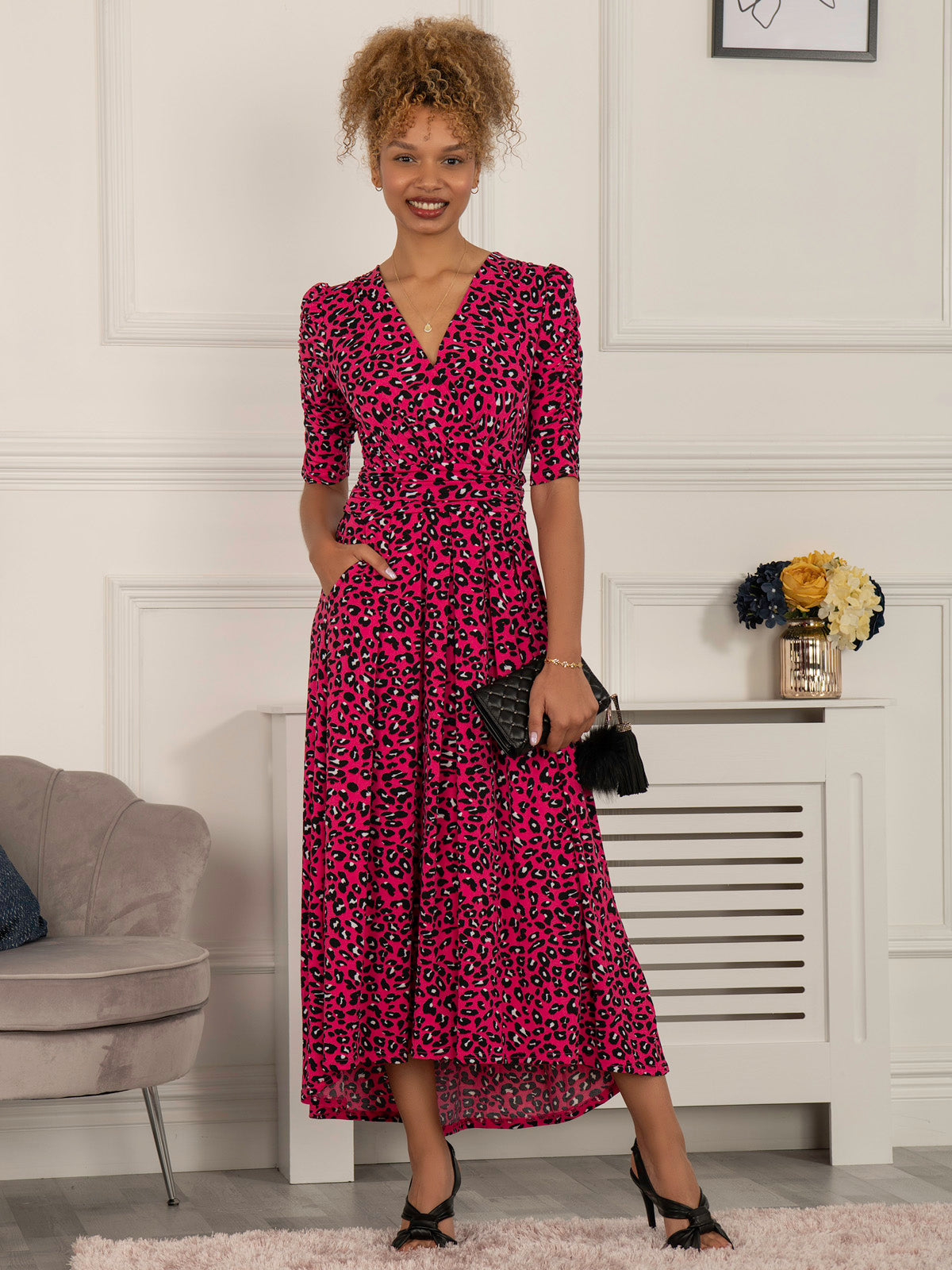 Maanasi Ruched Sleeve Jersey Maxi Dress, Pink Animal