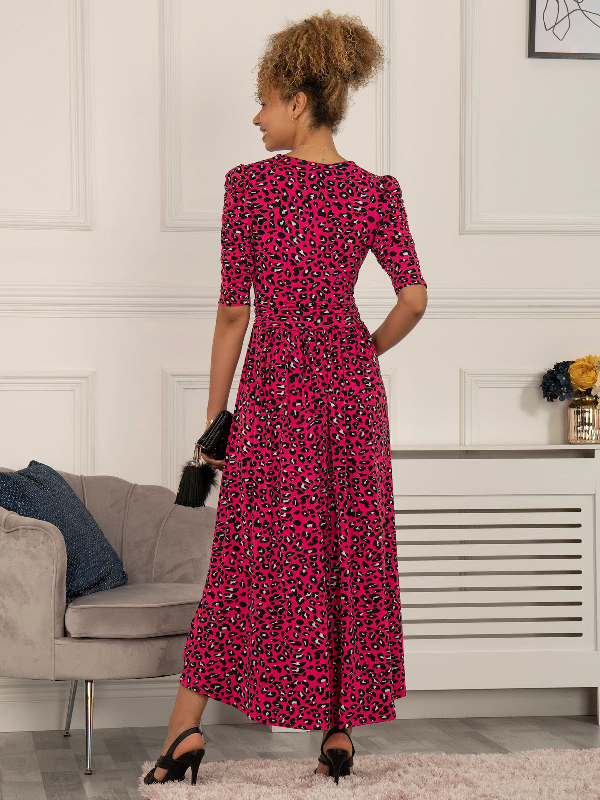 Maanasi Ruched Sleeve Jersey Maxi Dress, Pink Animal