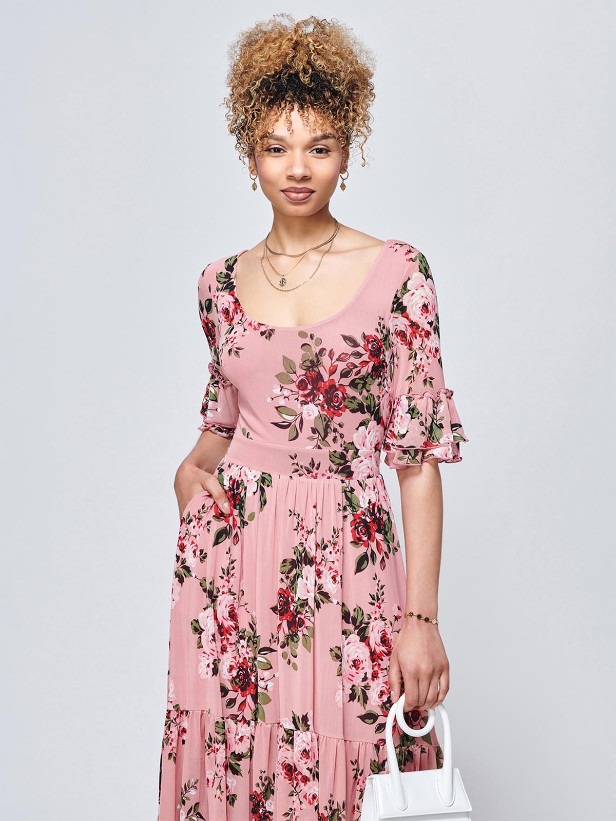 Maab Mesh Ruffle Sleeve Midi Dress, Dusty Pink