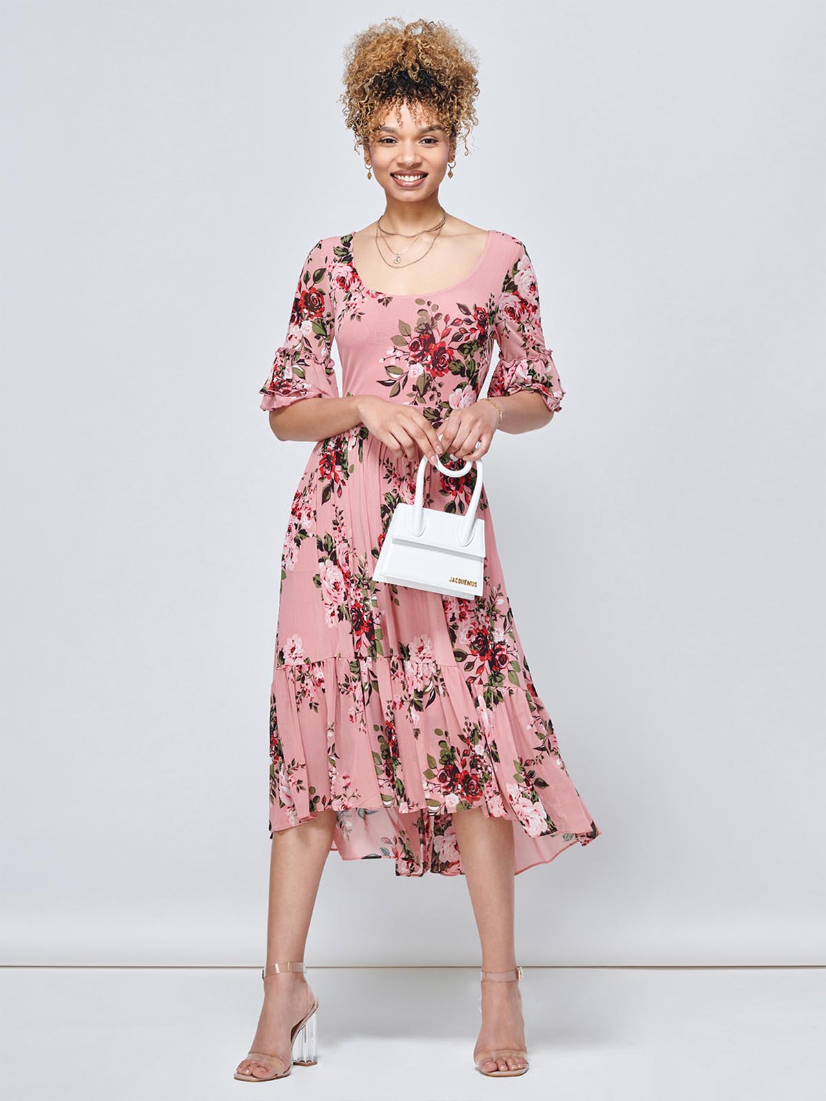 Maab Mesh Ruffle Sleeve Midi Dress, Dusty Pink