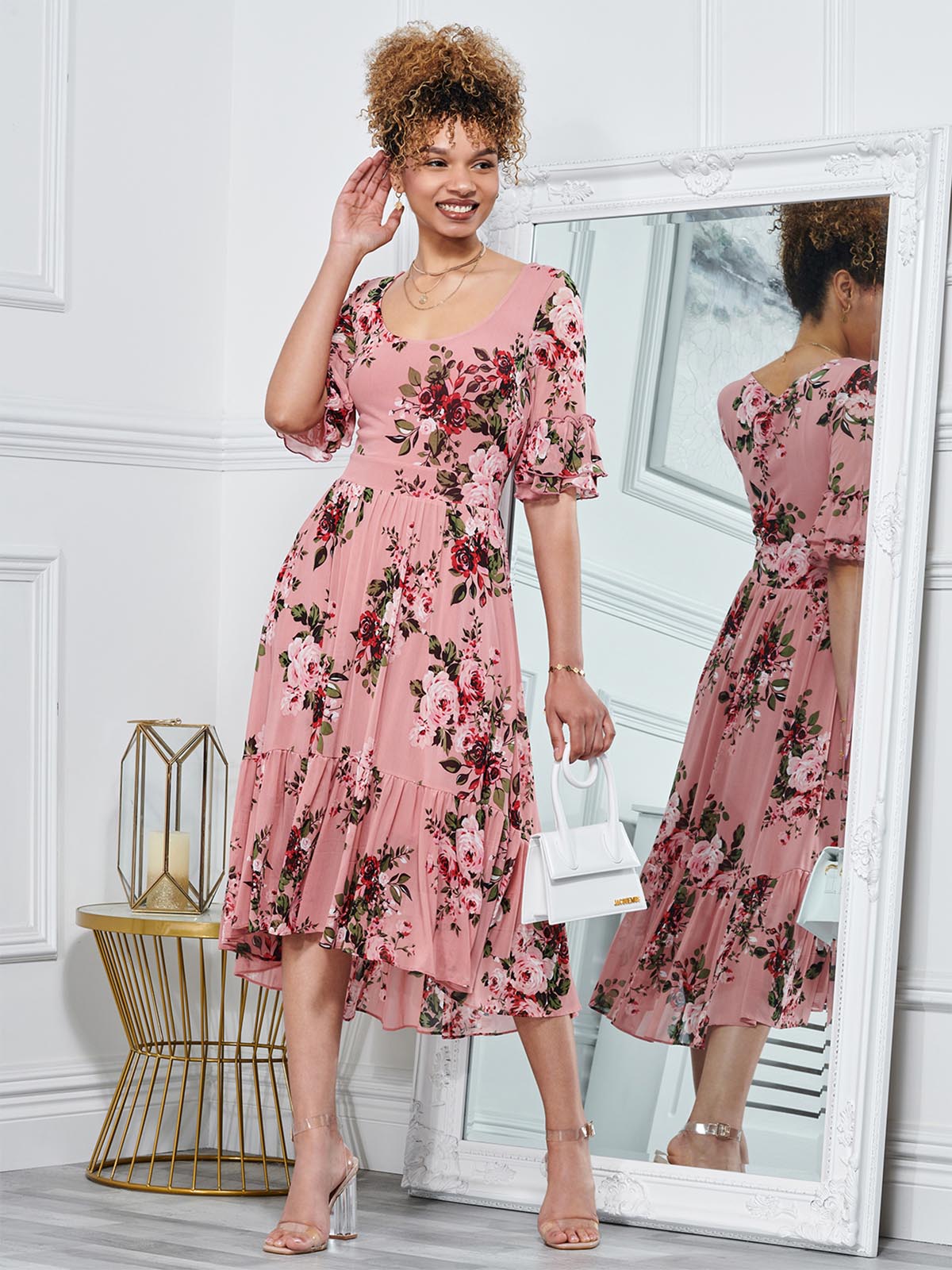 Maab Mesh Ruffle Sleeve Midi Dress, Dusty Pink