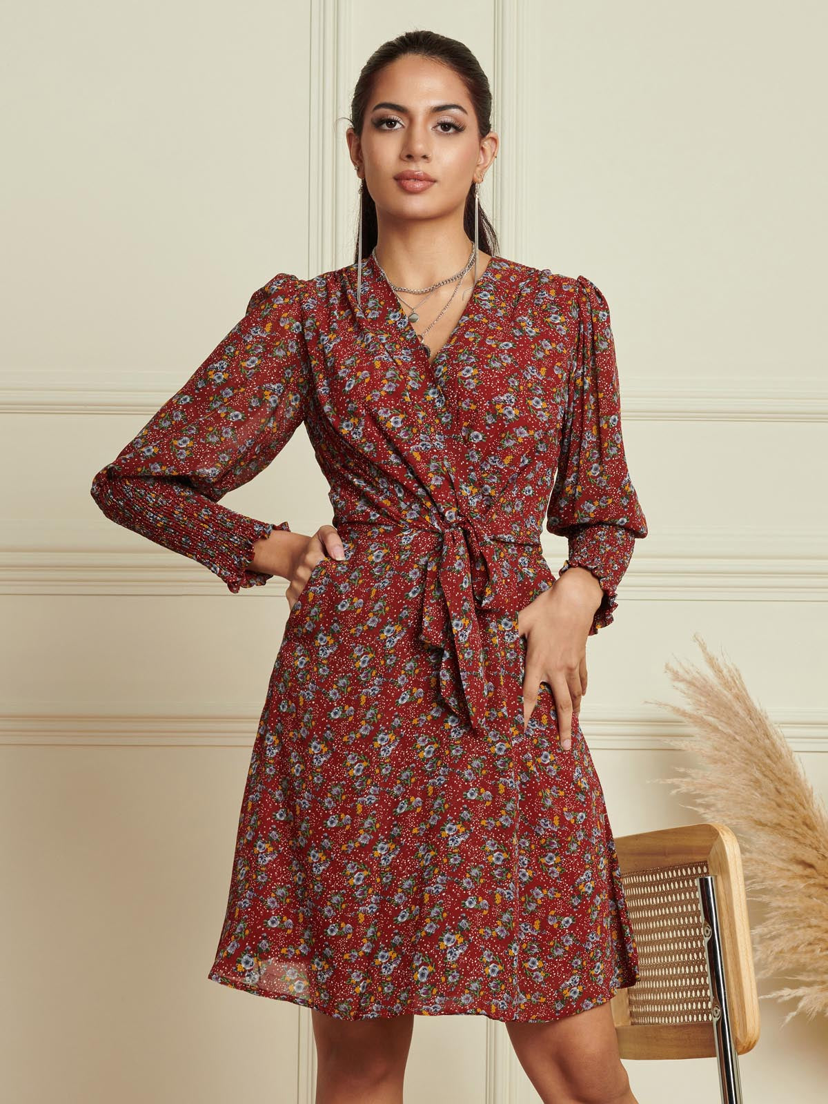 Shirred Cuff Tie Waist Dress, Burgundy Multi