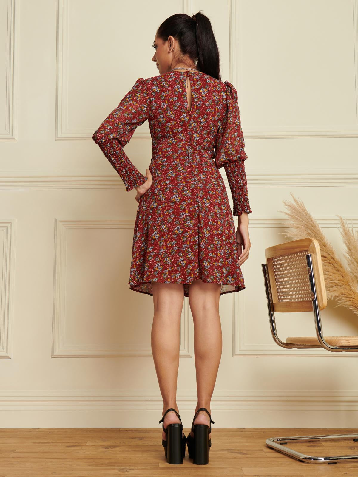 Shirred Cuff Tie Waist Dress, Burgundy Multi