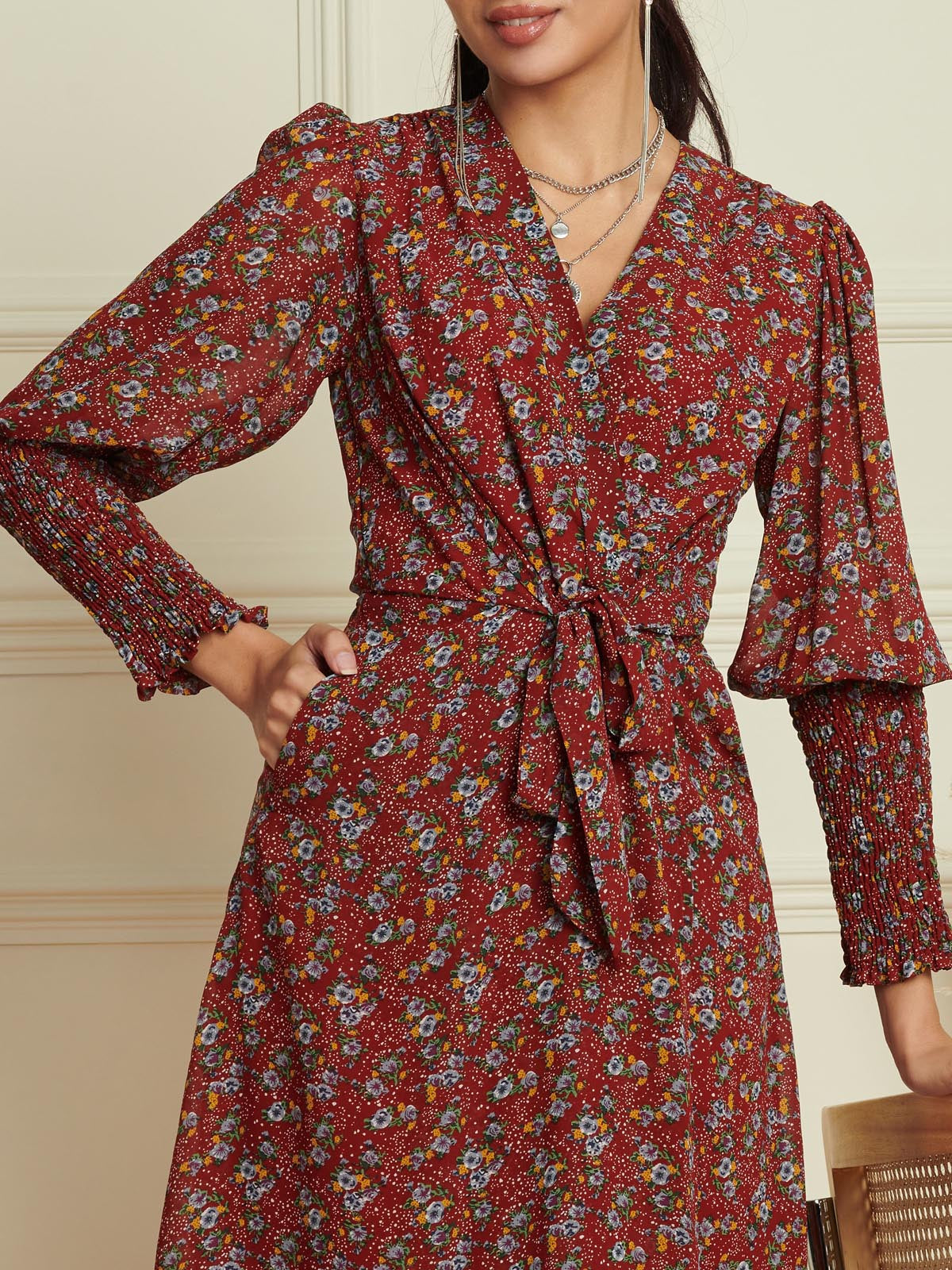 Shirred Cuff Tie Waist Dress, Burgundy Multi