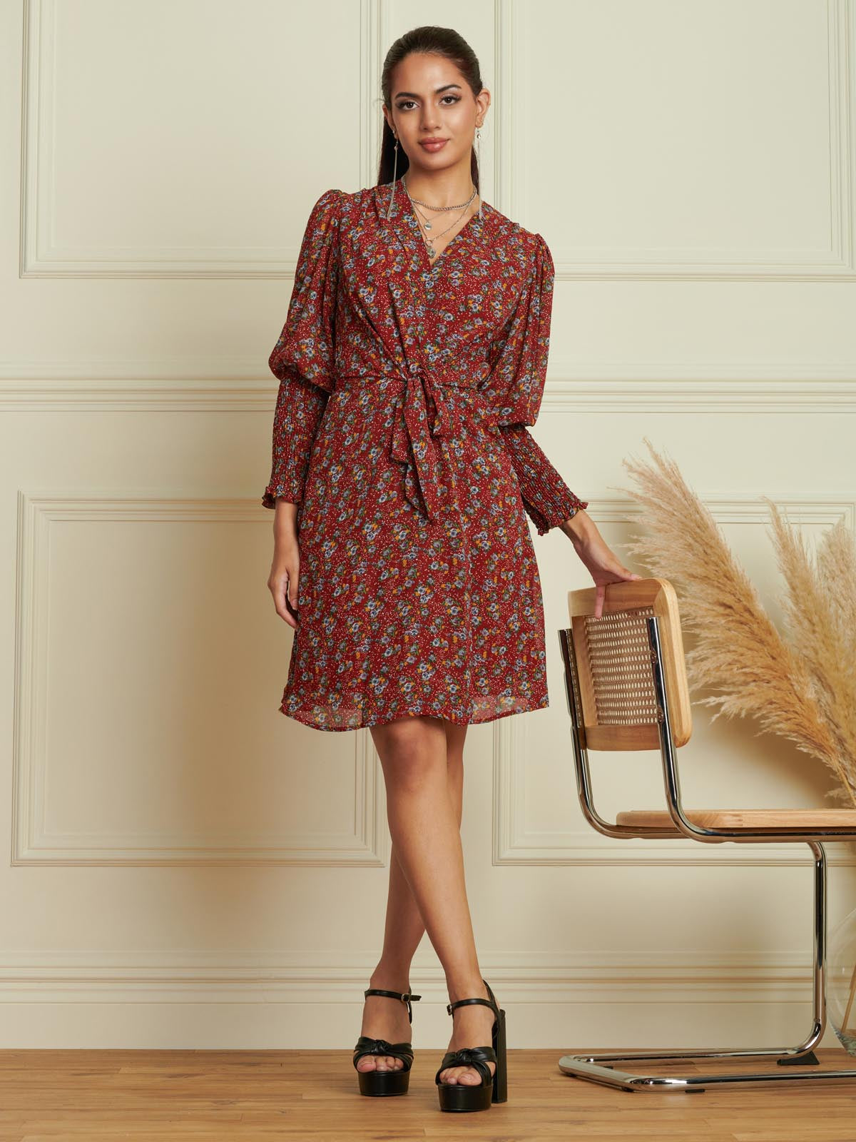 Shirred Cuff Tie Waist Dress, Burgundy Multi