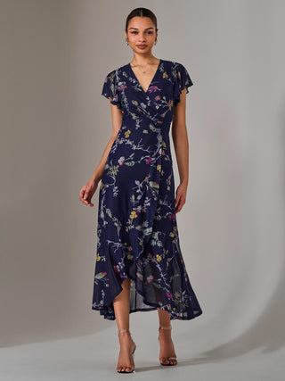 Mesh Frill Hem Maxi Dress, Navy Pink Multi