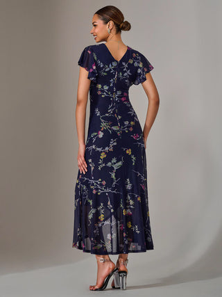 Mesh Frill Hem Maxi Dress, Navy Pink Multi