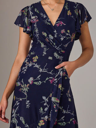 Mesh Frill Hem Maxi Dress, Navy Pink Multi