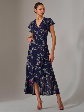 Mesh Frill Hem Maxi Dress, Navy Pink Multi