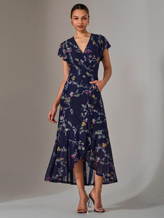 Mesh Frill Hem Maxi Dress, Navy Pink Multi