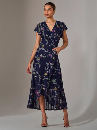 Mesh Frill Hem Maxi Dress, Navy Pink Multi