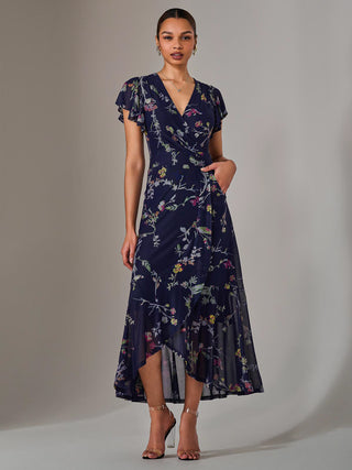 Mesh Frill Hem Maxi Dress, Navy Pink Multi
