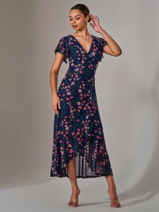 Mesh Frill Hem Maxi Dress, Navy Red Floral