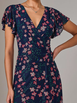 Mesh Frill Hem Maxi Dress, Navy Red Floral
