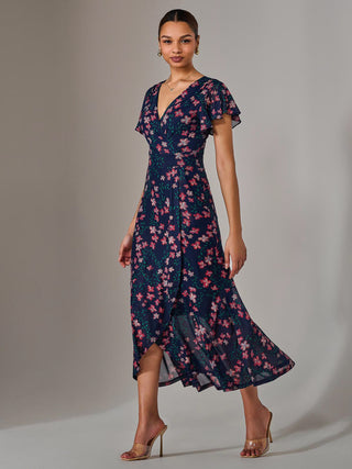Mesh Frill Hem Maxi Dress, Navy Red Floral