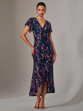 Mesh Frill Hem Maxi Dress, Navy Red Floral