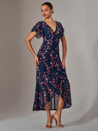 Mesh Frill Hem Maxi Dress, Navy Red Floral