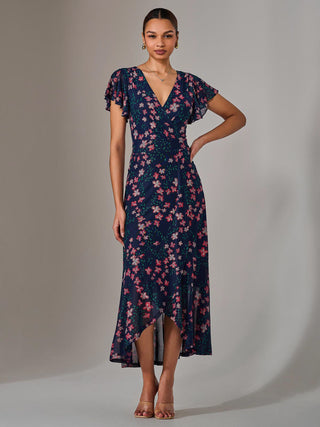 Mesh Frill Hem Maxi Dress, Navy Red Floral