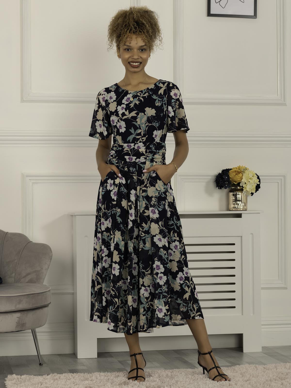 Nadine Floral Print Chiffon Dress, Navy