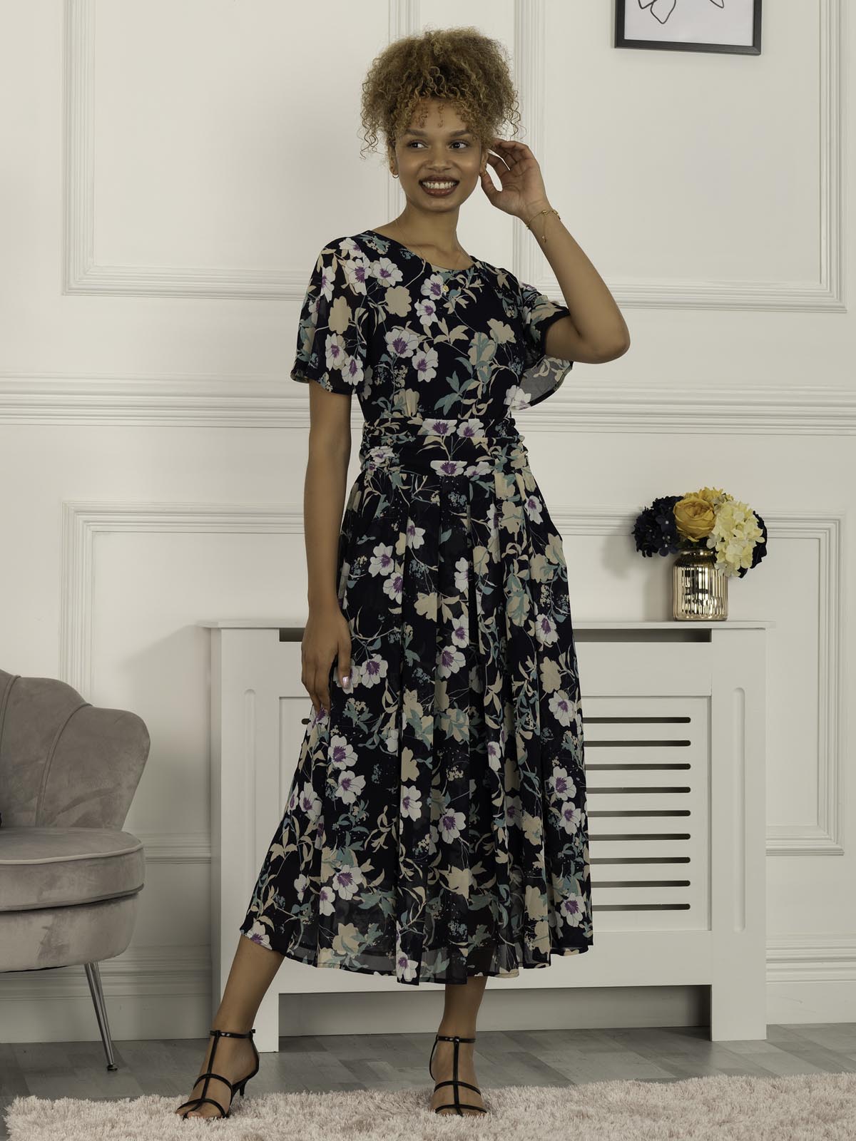 Nadine Floral Print Chiffon Dress, Navy
