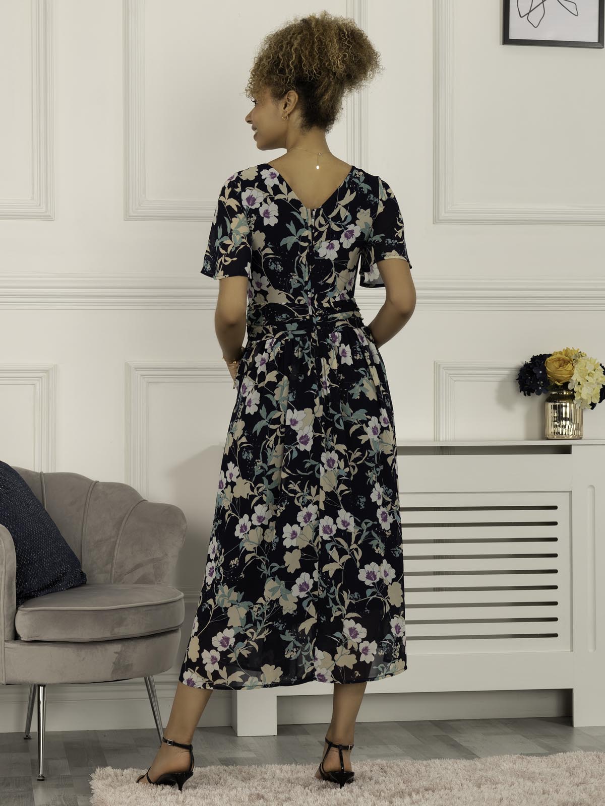 Nadine Floral Print Chiffon Dress, Navy