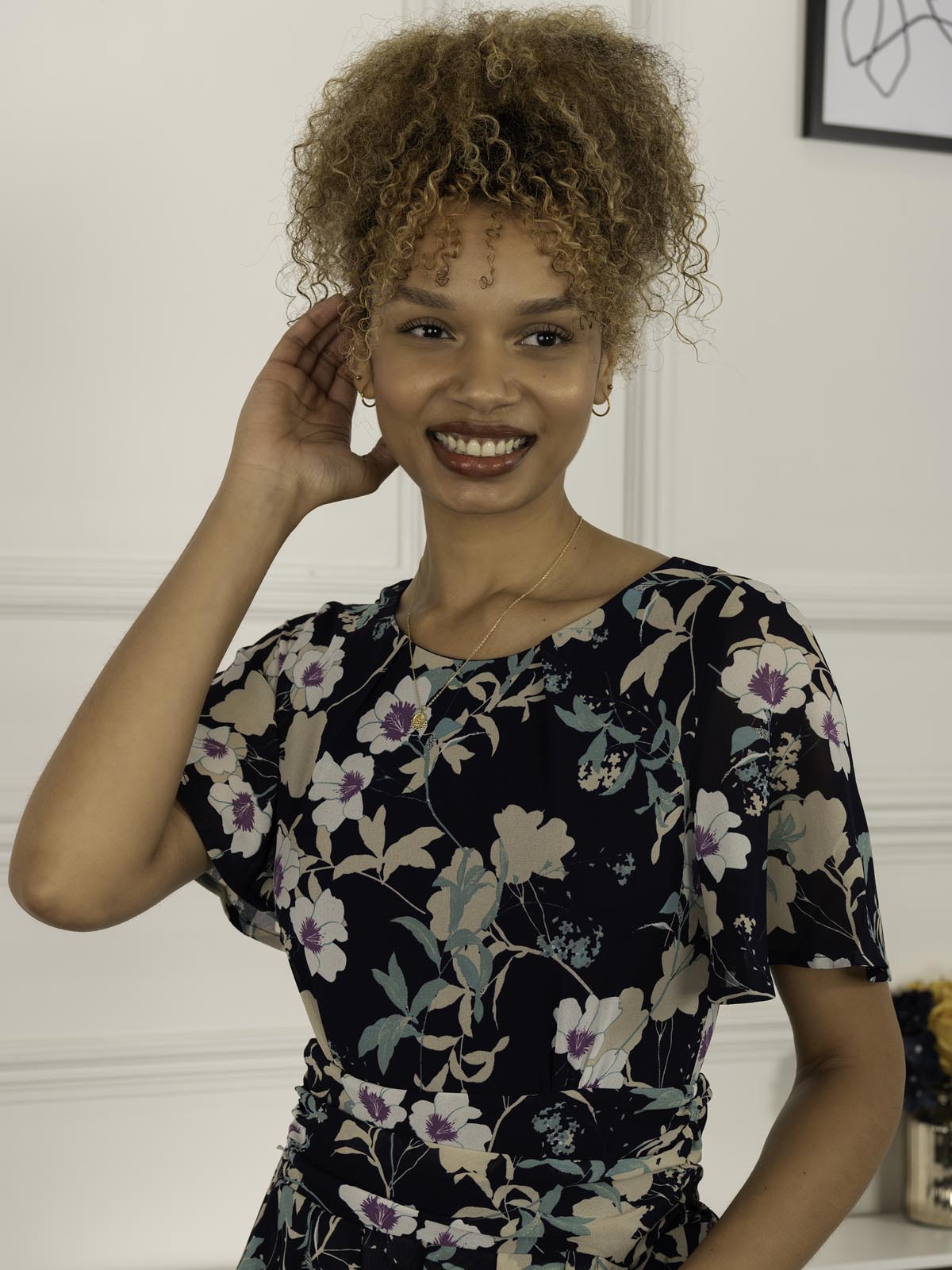 Nadine Floral Print Chiffon Dress, Navy