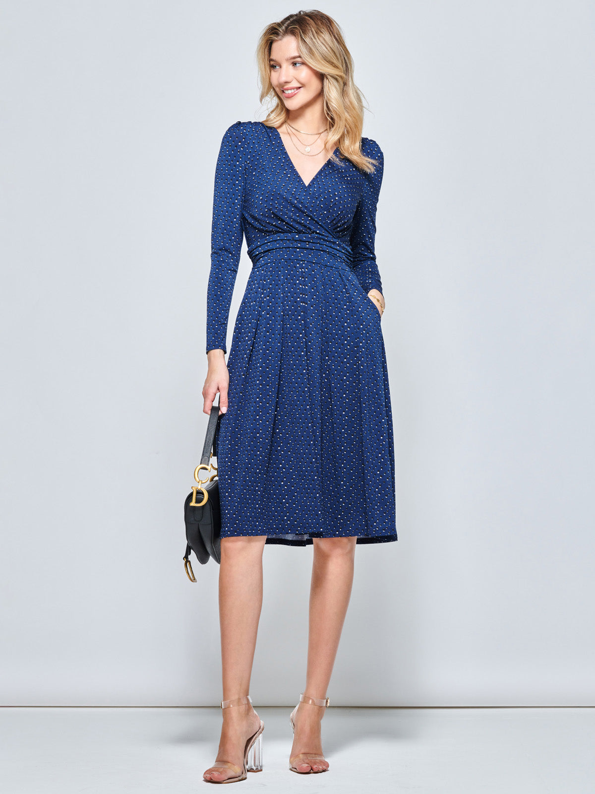 Spot Long Sleeve Jersey Dress, Navy Spot