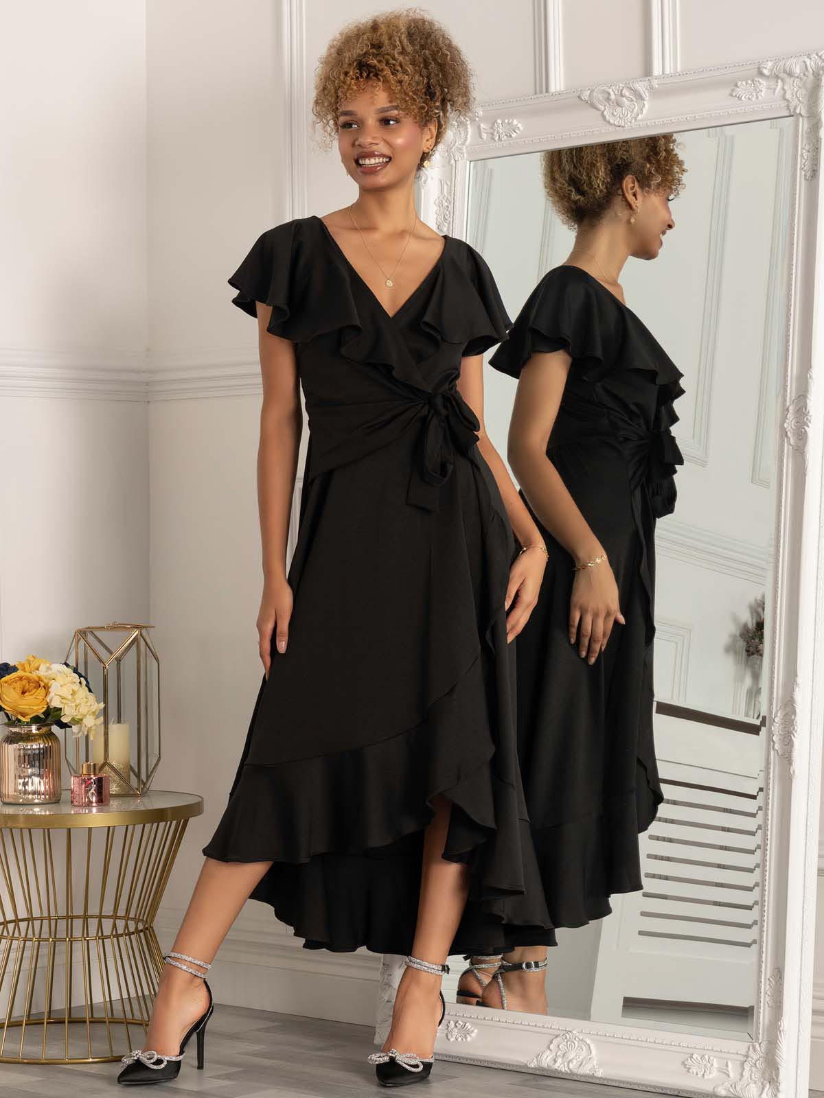 Priya Frill Dipped Hem Dress, Black